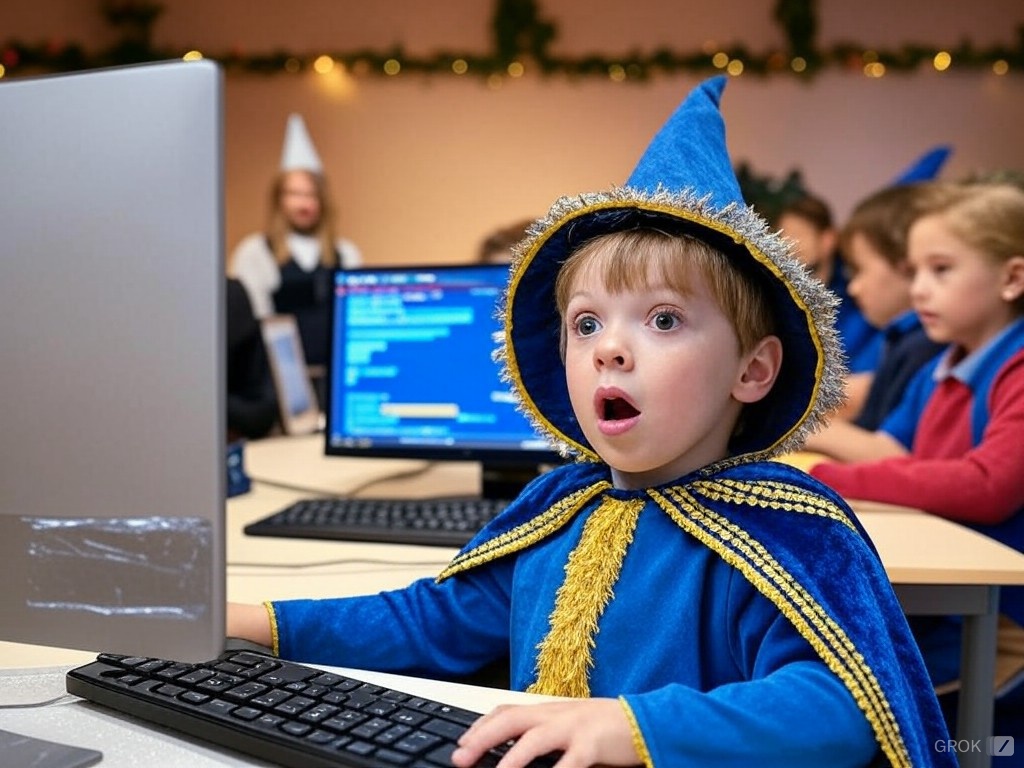 Ein kleiner Junge mit Zauberkostüm und -hut schaut verblüfft auf einen Computermonitor. Im Hintgrund sitzen weitere Kinder und programmieren an Computern. Der Raum ist weihnachtlich geschmückt.